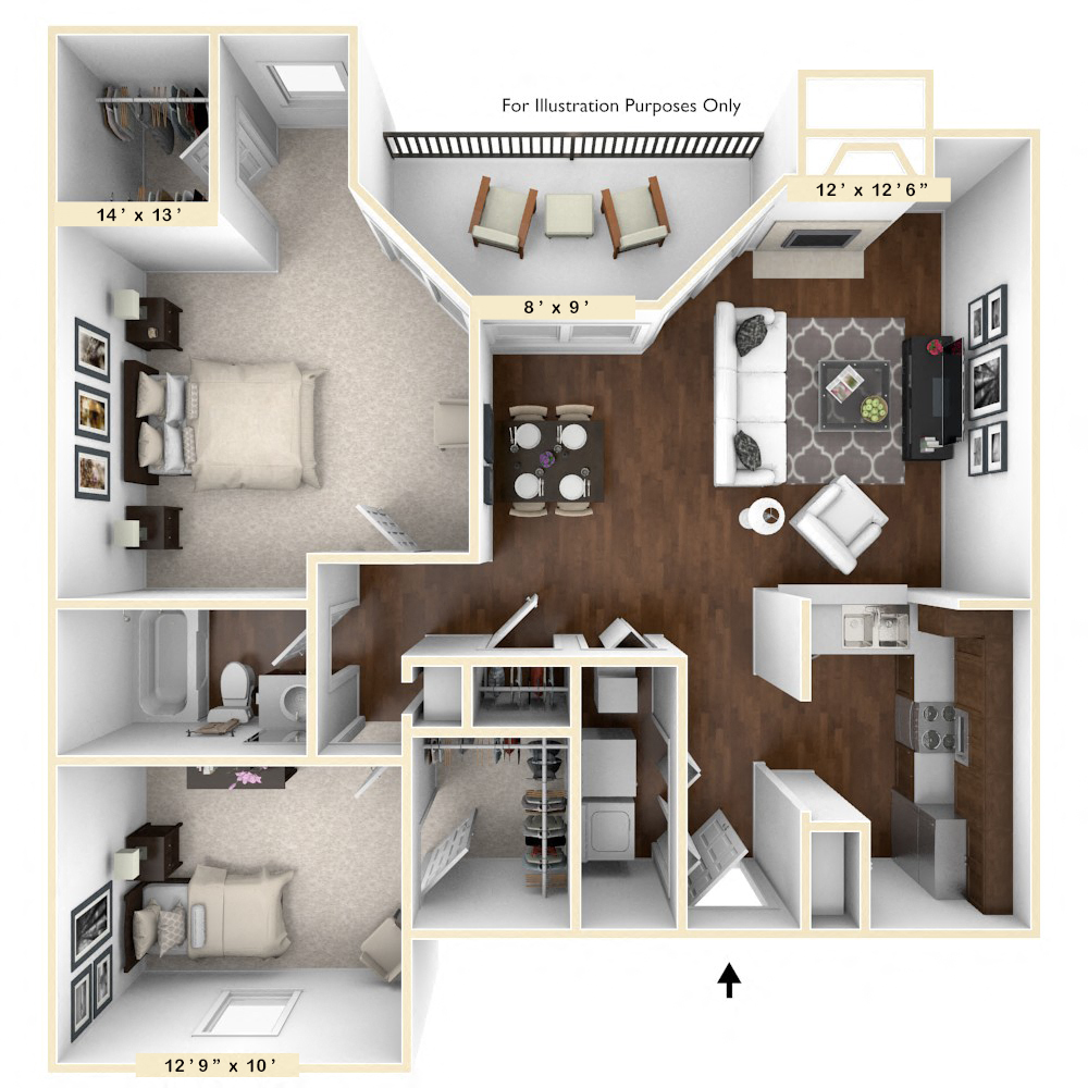 Floor plan for 2 beds, 1 bath, 1014 sqft